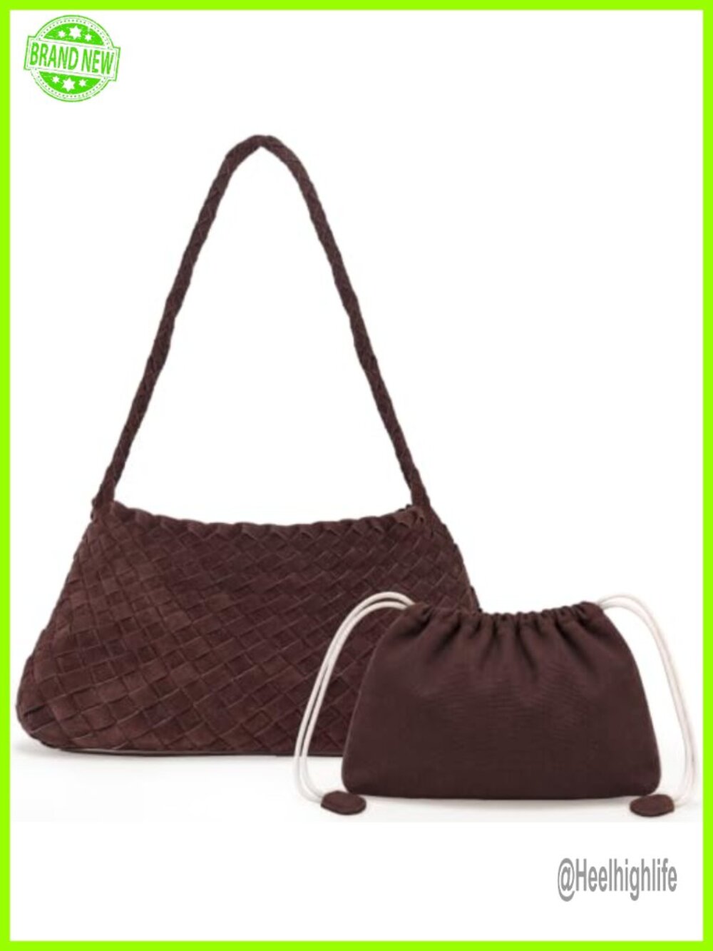 Handwoven Faux Suede Slouchy Tote Bag with Drawstring Canvas Pouch